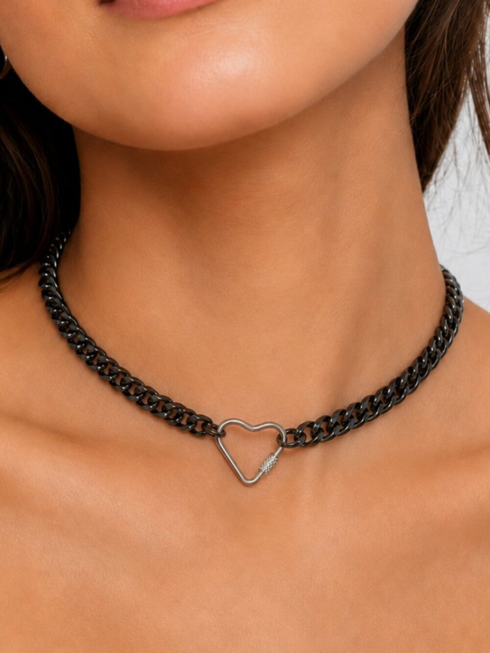 Handmade Black Miami Curb Chain Choker Silver Heart Carabiner